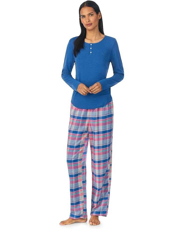 

Пижама LAUREN Ralph Lauren Long Sleeve Knit Henley Top Woven Pants, цвет Multi Plaid