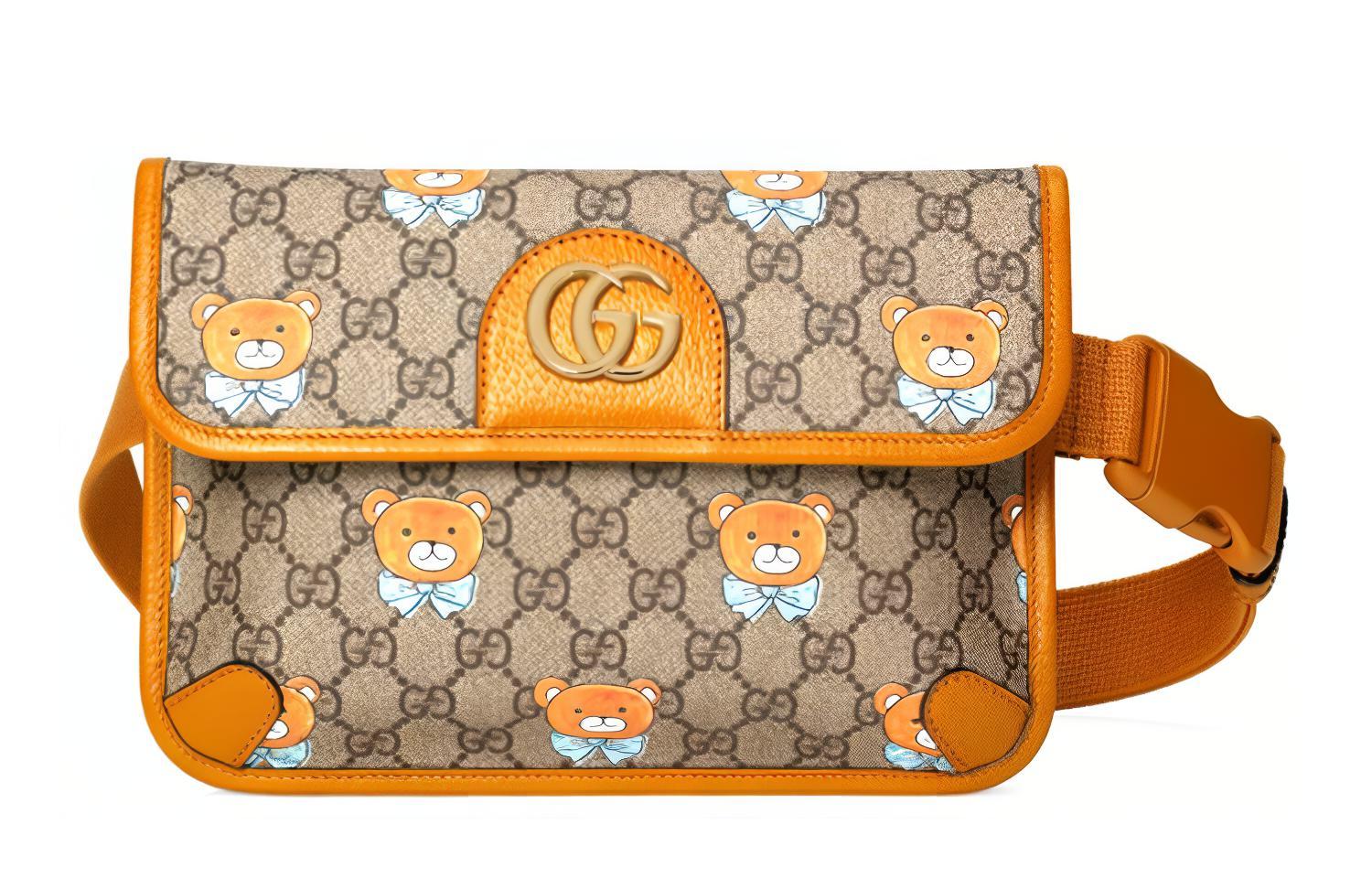 

GUCCI Холщовая поясная сумка с кожаной отделкой малого размера унисекс черно-коричневая