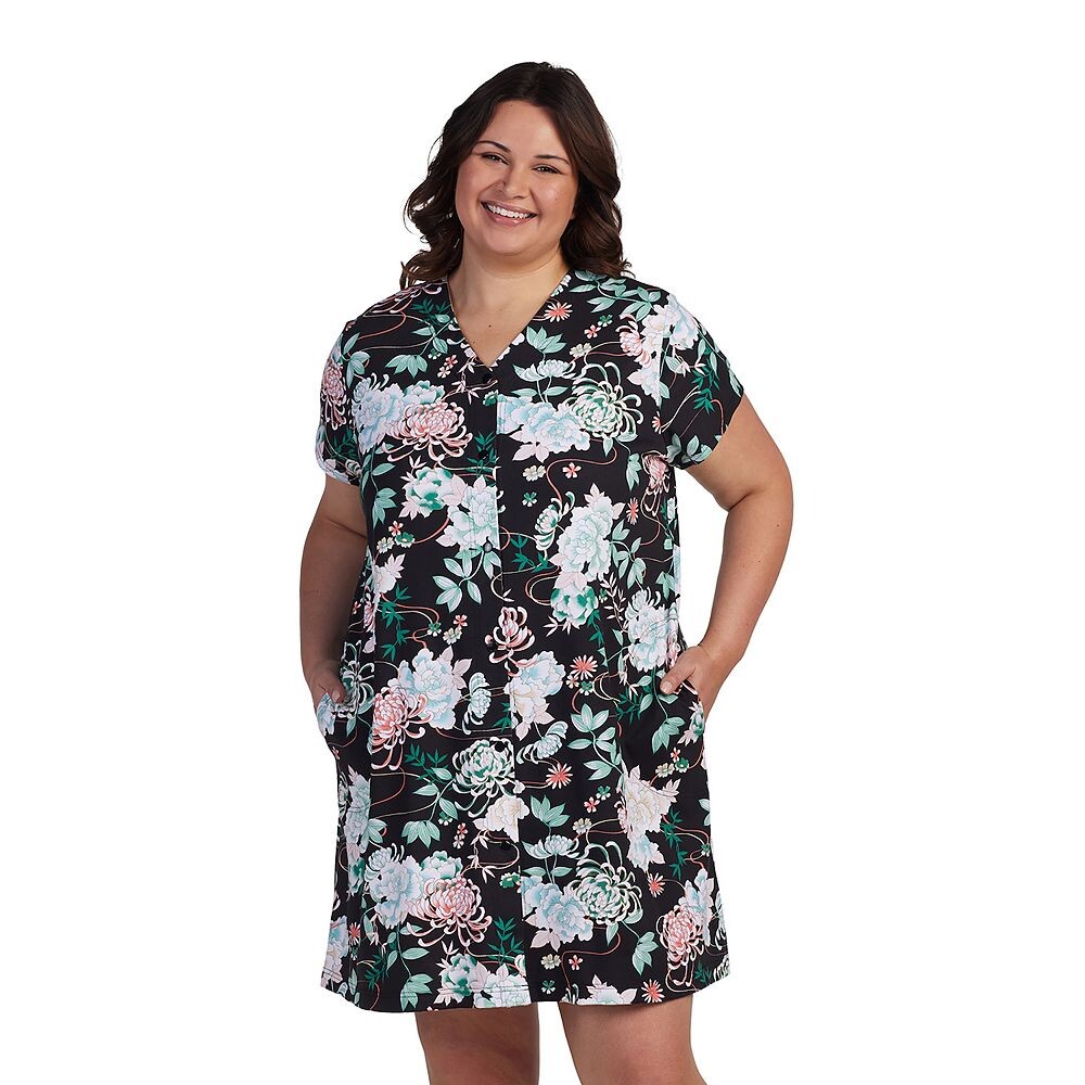 

Короткий вязаный халат на кнопках Miss Elaine Essentials размера плюс, цвет Green Floral