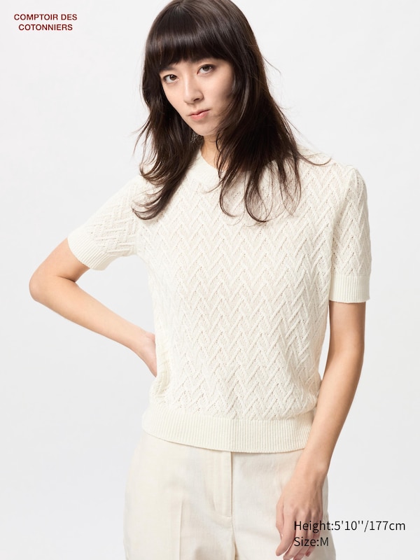

Льняной джемпер с круглым вырезом и короткими рукавами Uniqlo, белый