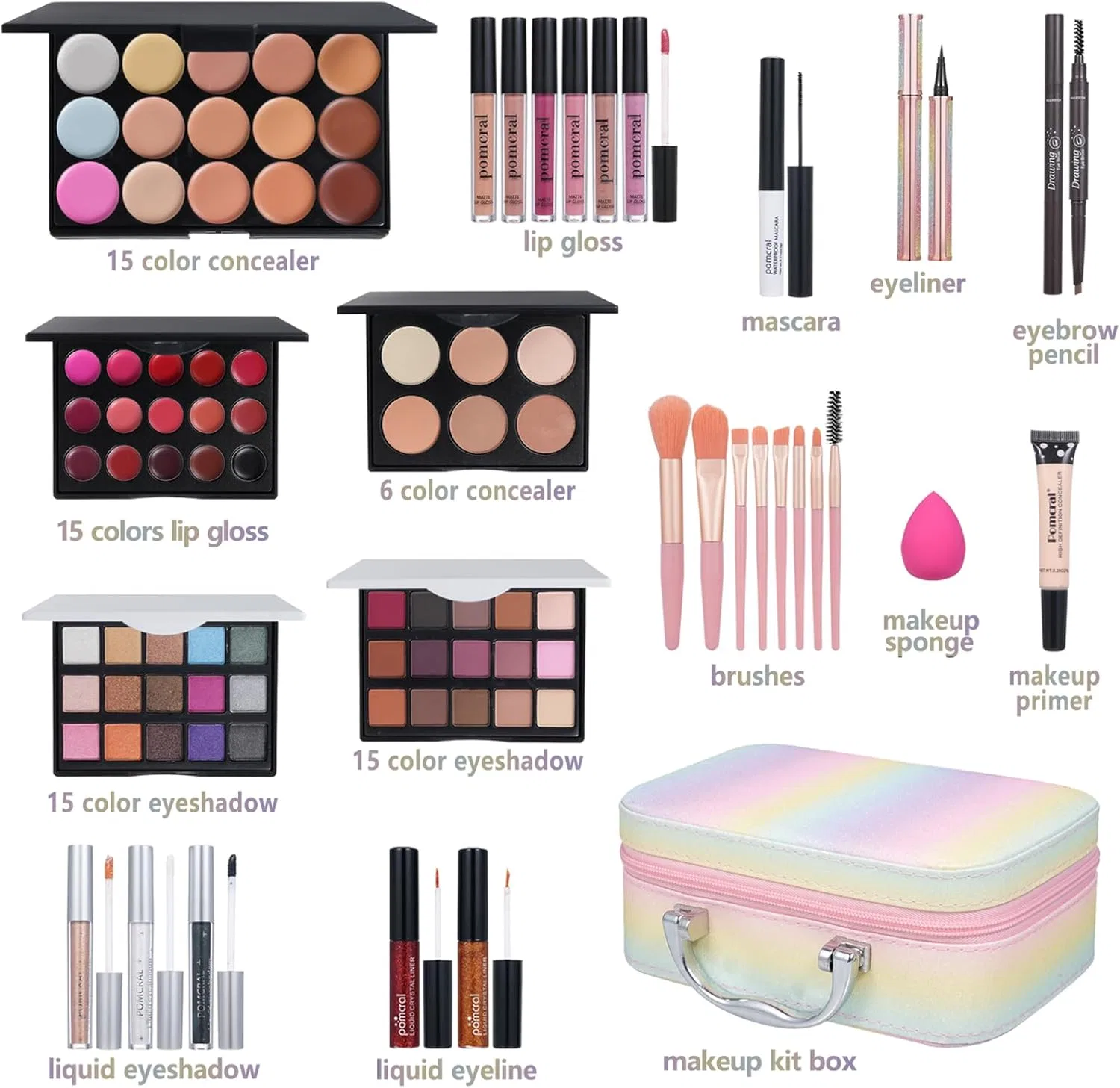 Набор косметики All In One Makeup Kit pomcral 15 цветов теней 15 цветов помады 6 блесков для губ — фото 2