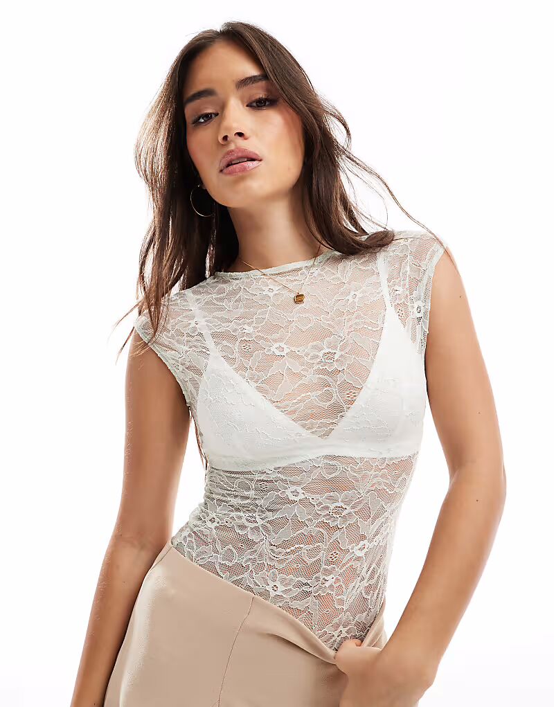 

Боди Pull&Bear с короткими рукавами и кружевом, мятного цвета