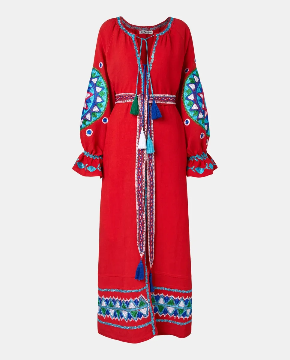 

Льняной кафтан с вышивкой Caftan by Mo, красный