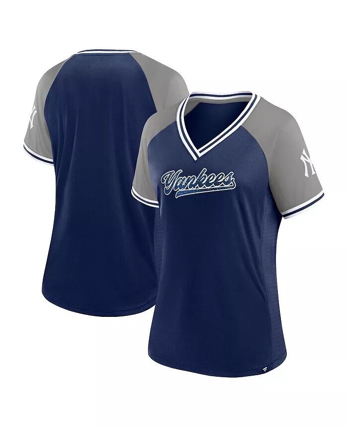 

Женская футболка Navy New York Yankees Glitz Glam League Diva Raglan с V-образным вырезом Fanatics