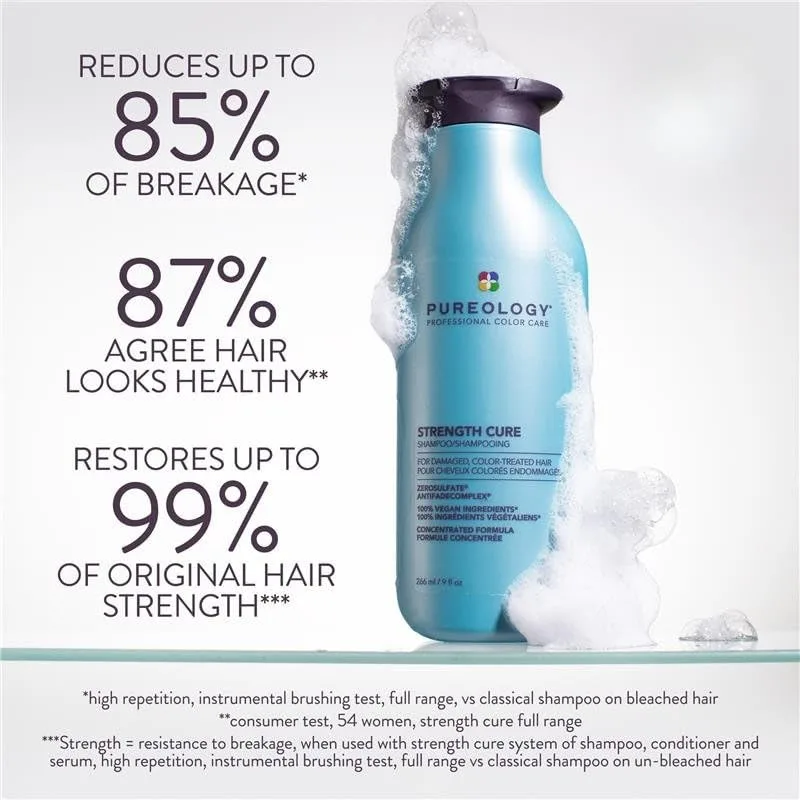Шампунь Pureology Strength Cure - для поврежденных или окрашенных волос, укрепляет волосы, предотвращает ломкость, запечатывает секущиеся кончики, веганский продукт, без сульфатов. 266 мл (.) — фото 2