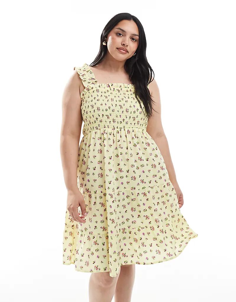 

Мини-платье New Look Curve с цветочным принтом и сборками желтого цвета