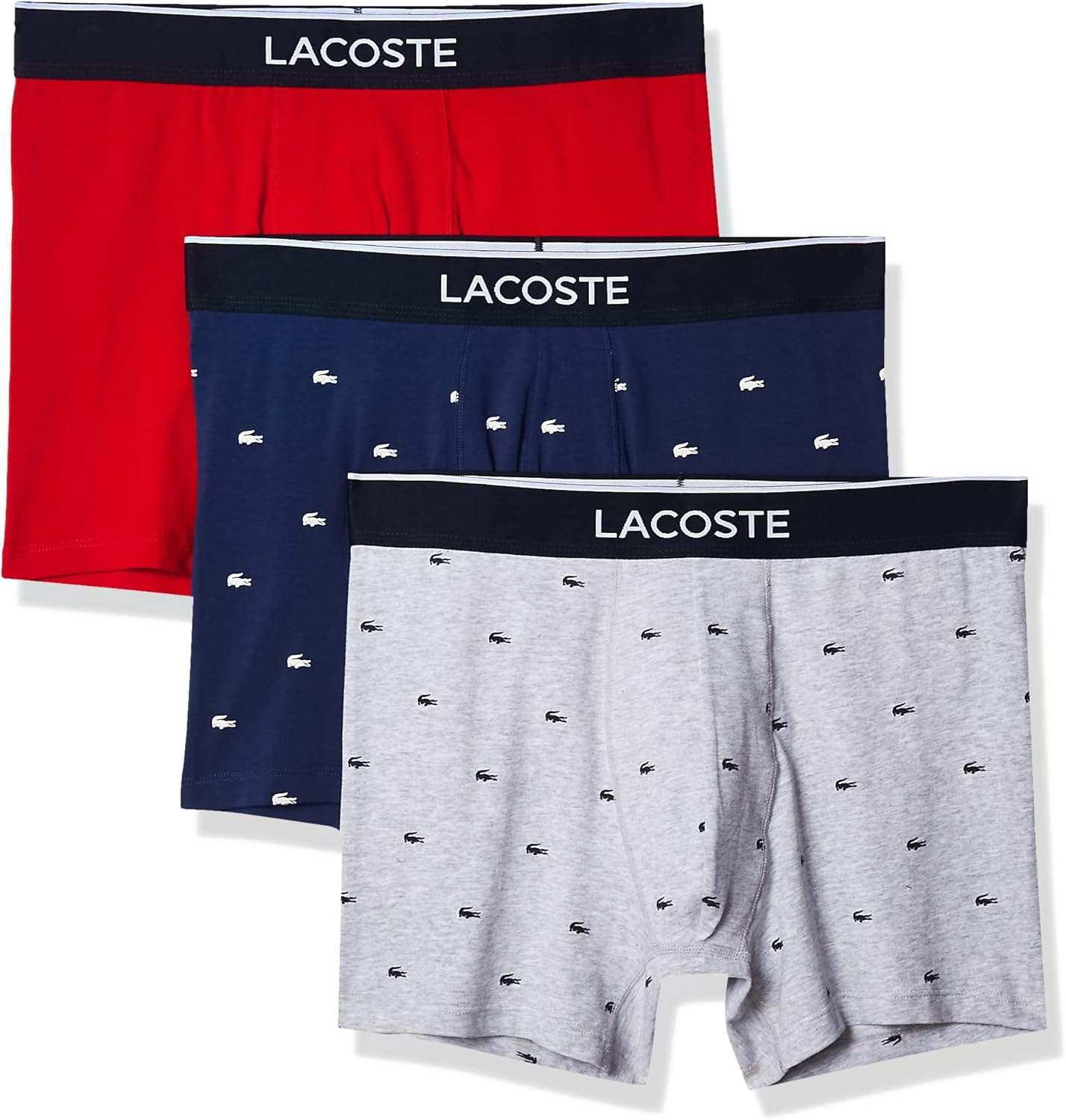 

Lacoste мужские повседневные боксеры All Over Croc 3 Pack из хлопка с добавлением эластана, Deep Ocean/Dove Grey/Red (New)
