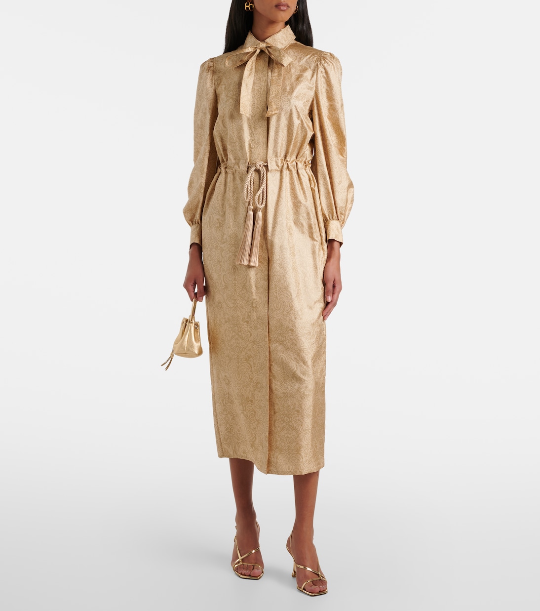 Длинное платье из шелкового твила с поясом в стиле обезьяны Max Mara, Albino Oro — фото 2