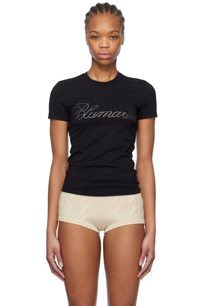 

Черная футболка с вышивкой стразами Blumarine