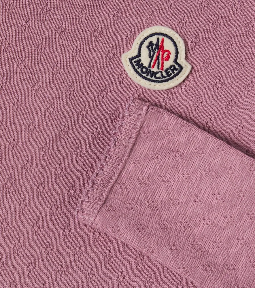 Детское хлопковое платье с ажурным узором и логотипом Moncler Enfant, розовый — фото 3