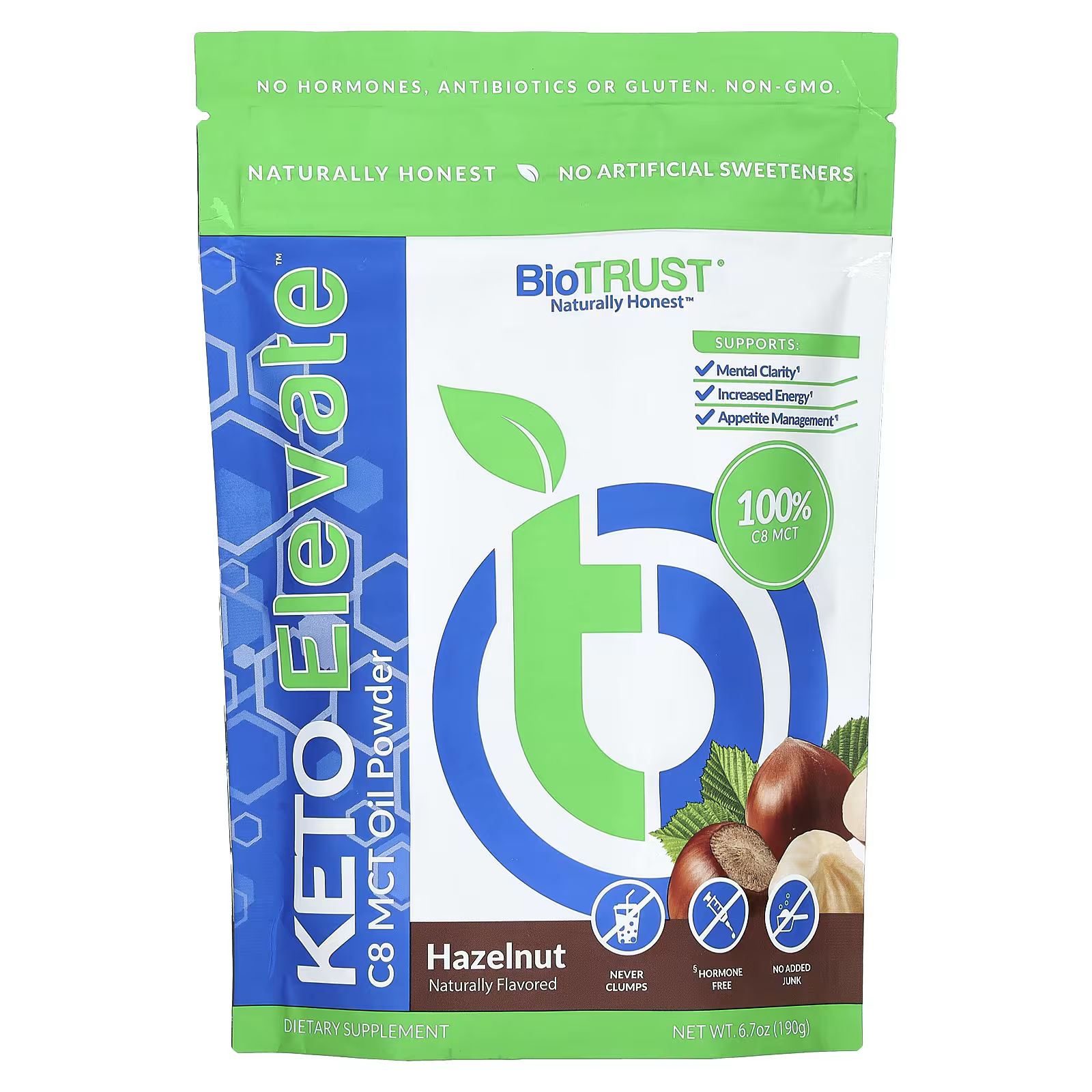 

Keto Elevate, Масляный порошок C8 MCT, лесной орех, 6,7 унции (190 г) Biotrust