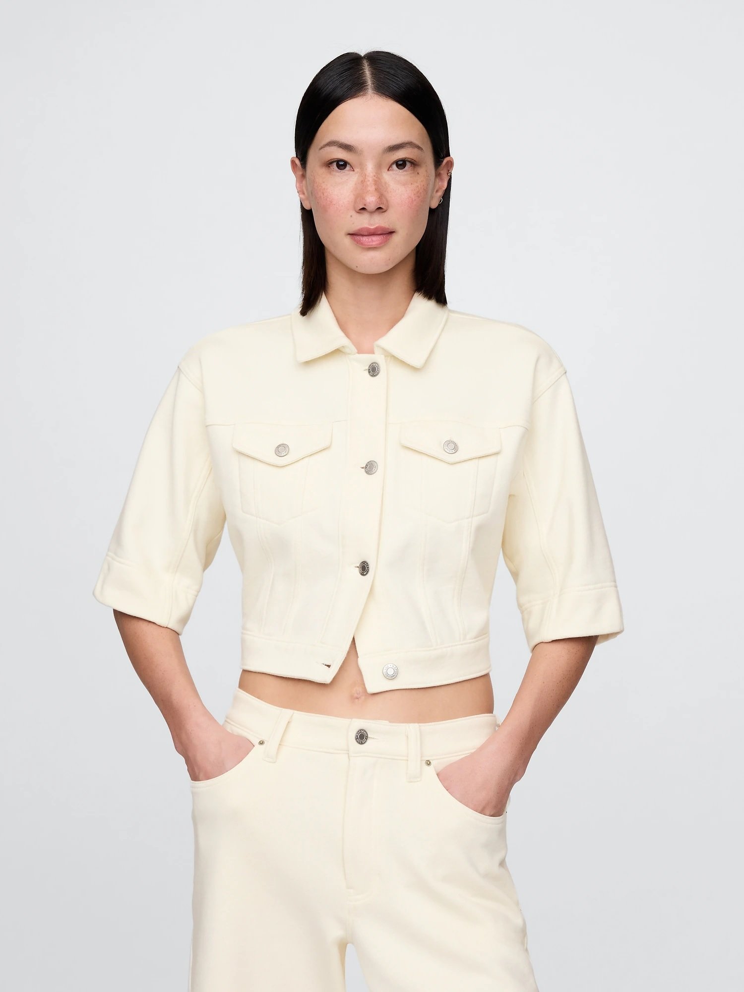 (W) Укороченная джинсовая куртка из плотной французской махровой ткани GAP, WHITE_SAIL — фото 3