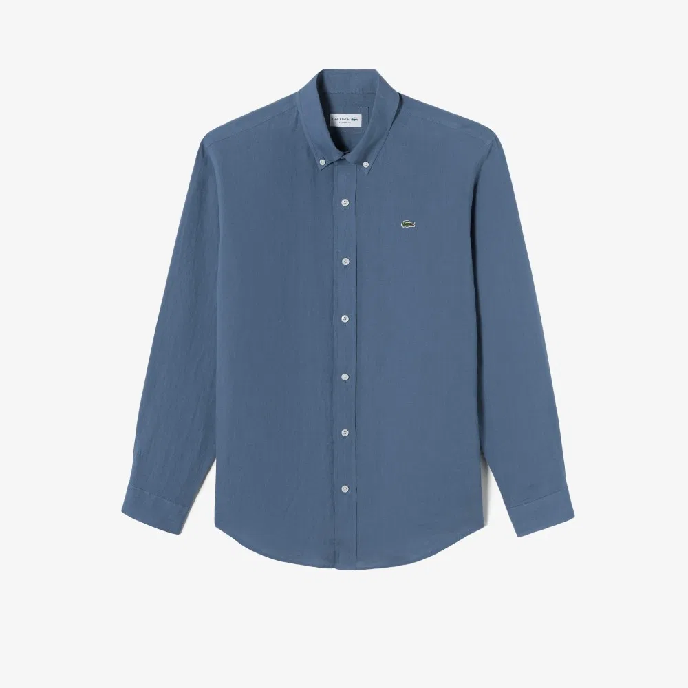 Мужская однотонная льняная рубашка меланжевого тёмно-синего цвета от Lacoste
