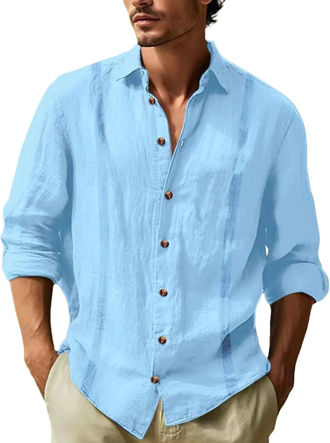 

Рубашка из льна для мужчин Casual Long Sleeve Lapel Regular Fit