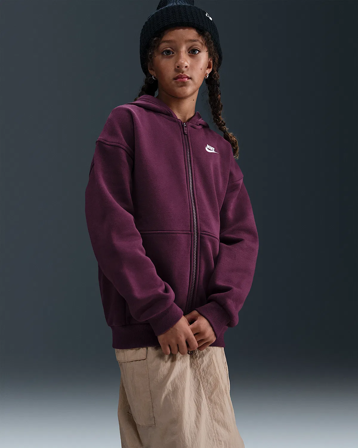 Детская увеличенная худи на молнии Nike Sportswear Club Fleece, Bordeaux/White — фото 2