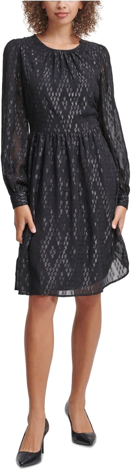 

Женское платье Calvin Klein А-силуэта с длинными рукавами и рюшами на горловине, Black