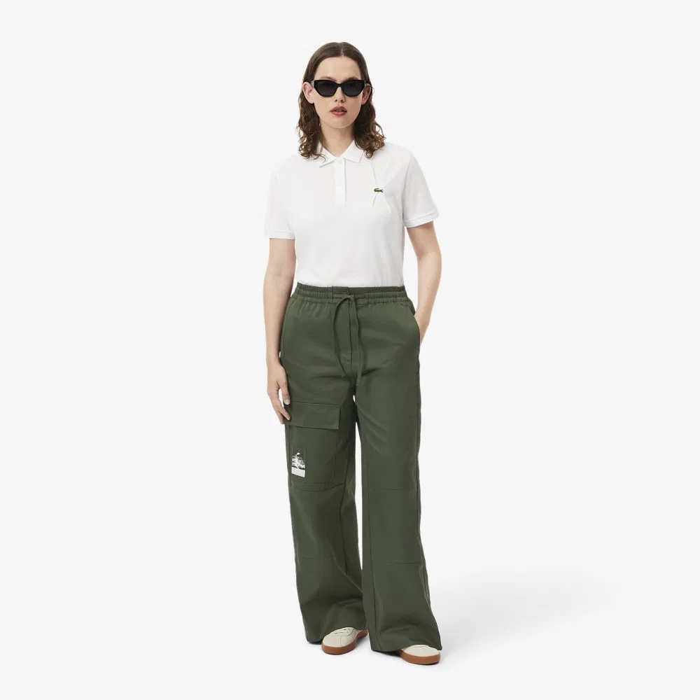 Брюки женские Lacoste, широкие хлопковые с карманами, тёмно-хаки