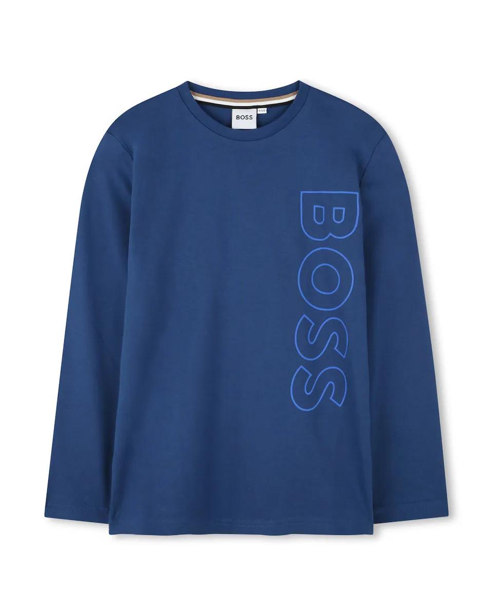 

Футболка для мальчика из 100% хлопка с вертикальным логотипом BOSS Kidswear, темно-синий