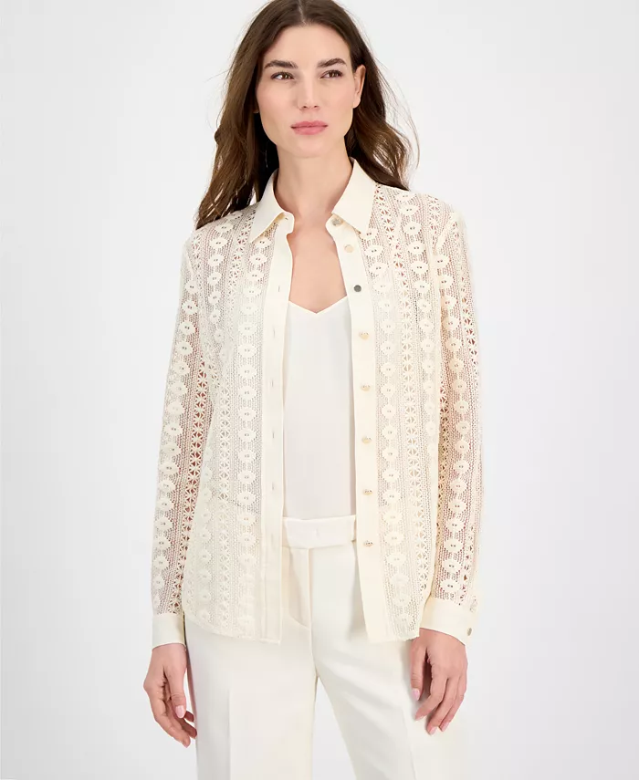 

Женская хлопковая рубашка с длинным рукавом и кружевной вязкой Anne Klein, коричневый/бежевый