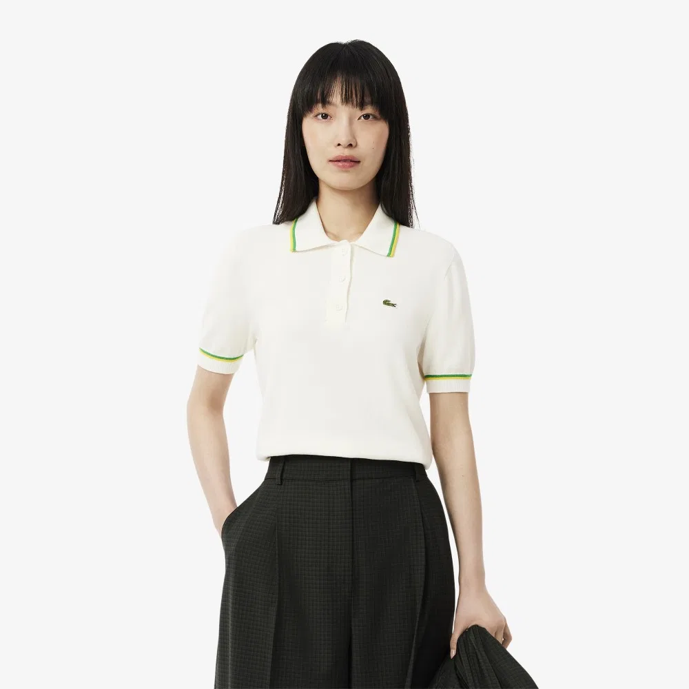 Свитер-поло Lacoste, айвори с цветной отделкой