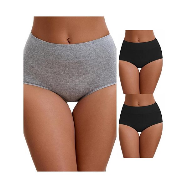 

3 пачки женских трусиков Leak Proof Cotton High Waist Elastic Full Coverage Tummy Control Inspire Chic, Black Gray