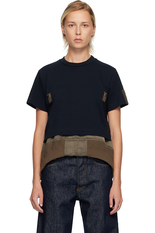 

Sacai Футболка из темно-синего хлопкового трикотажа и нейлоновой саржи