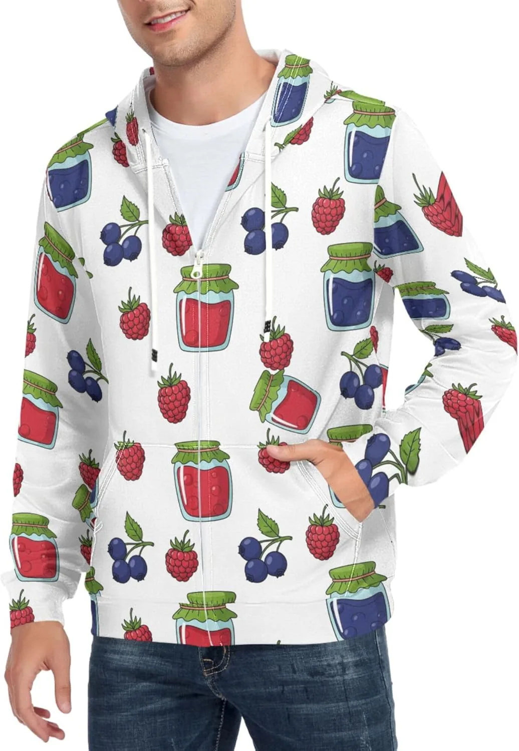 

Мужская толстовка с капюшоном на молнии, принт "ягодное варенье", с карманом CUPADA