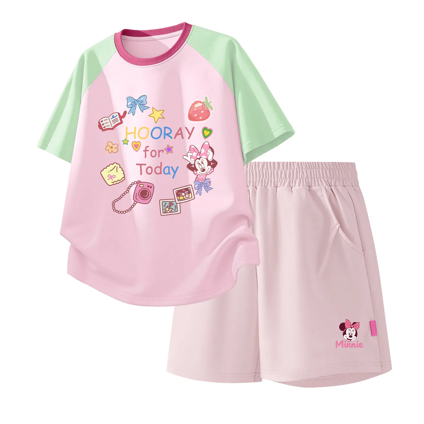 Детская повседневная спортивная футболка с круглым вырезом Disney, Diversity Green Pink+Di Headband K_Bottom Right Milk Glutenous Pink