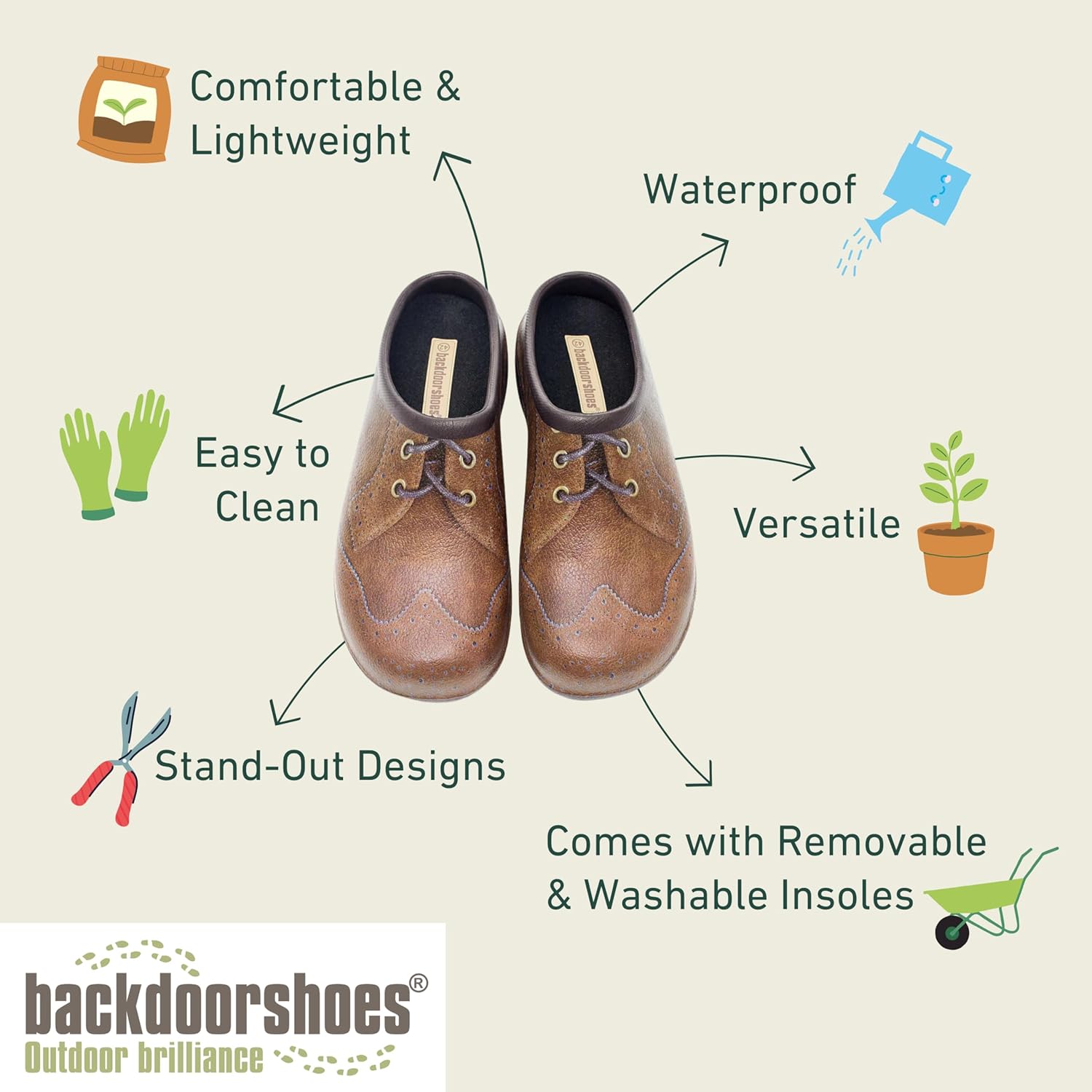 Водонепроницаемые премиальные садовые сабо Backdoorshoes для мужчин с поддержкой свода стопы, Brogue — фото 4