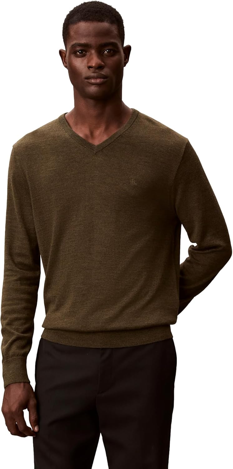 

Мужской свитер Calvin Klein из смеси тонкой мериносовой шерсти с V-образным вырезом, Dusty Olive