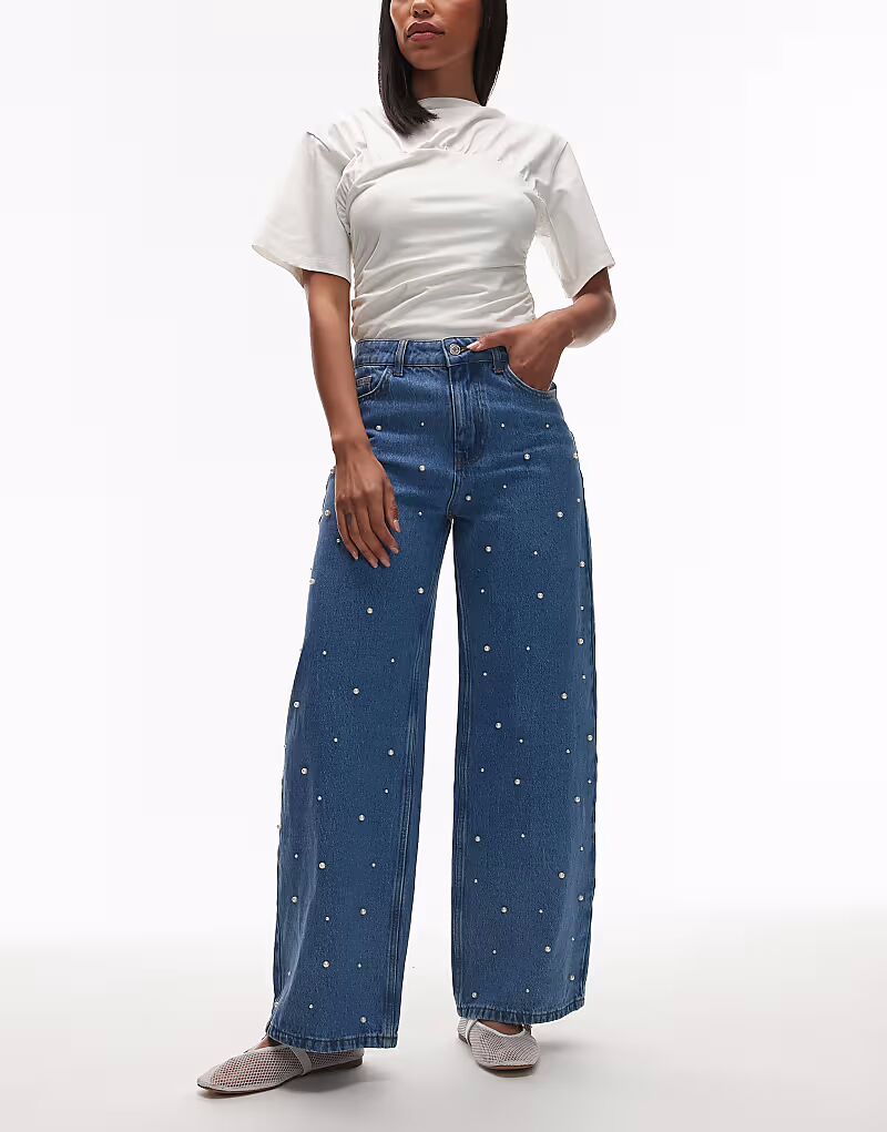 

Широкие джинсы ASOS DESIGN с жемчужной отделкой в ​​средне-синем цвете