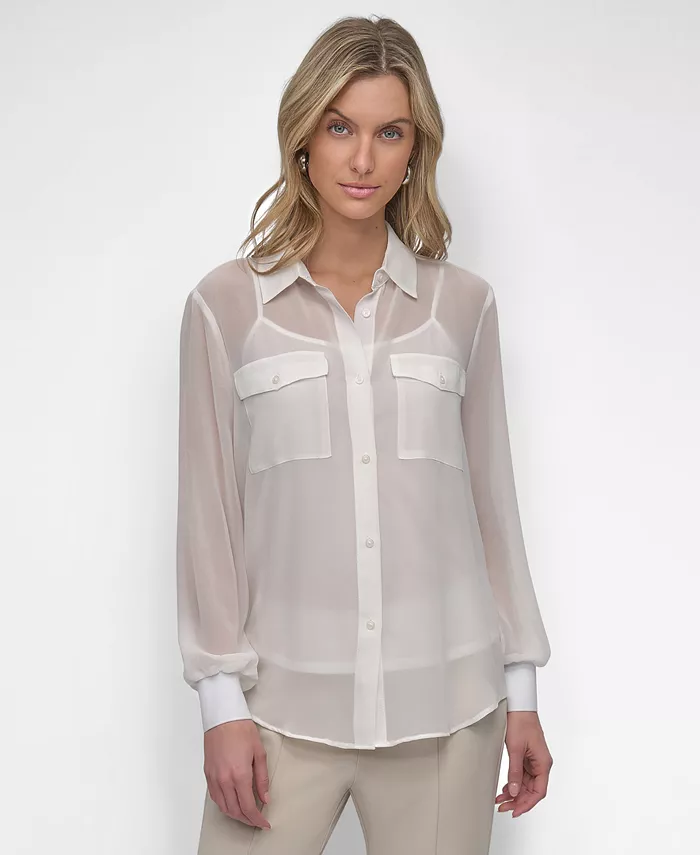 

Женская блуза из шифона на пуговицах DKNY, слоновая кость/кремовый