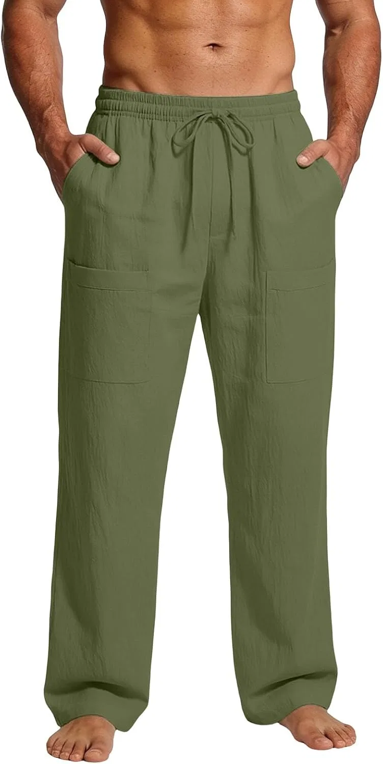Брюки мужские из льна с эластичным поясом, Army Green