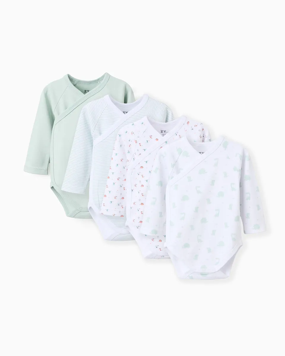 

Набор из 4-х детских бодиков для мальчика, 100% хлопок, застежка на кнопки, с рисунком динозавров Zippy, бирюзовый