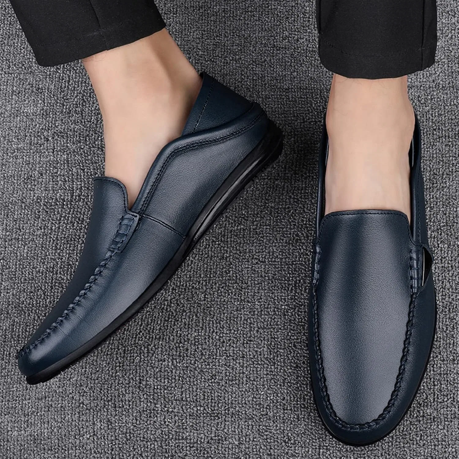 Лоферы кожаные Simple Moccasins Shoes, синий — фото 4