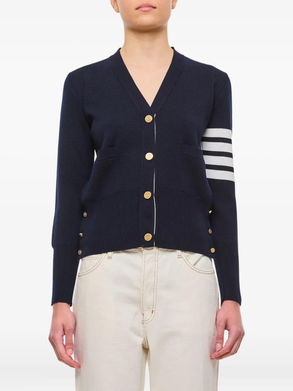 

Кардиган на пуговицах с полосатыми рукавами Thom Browne, синий