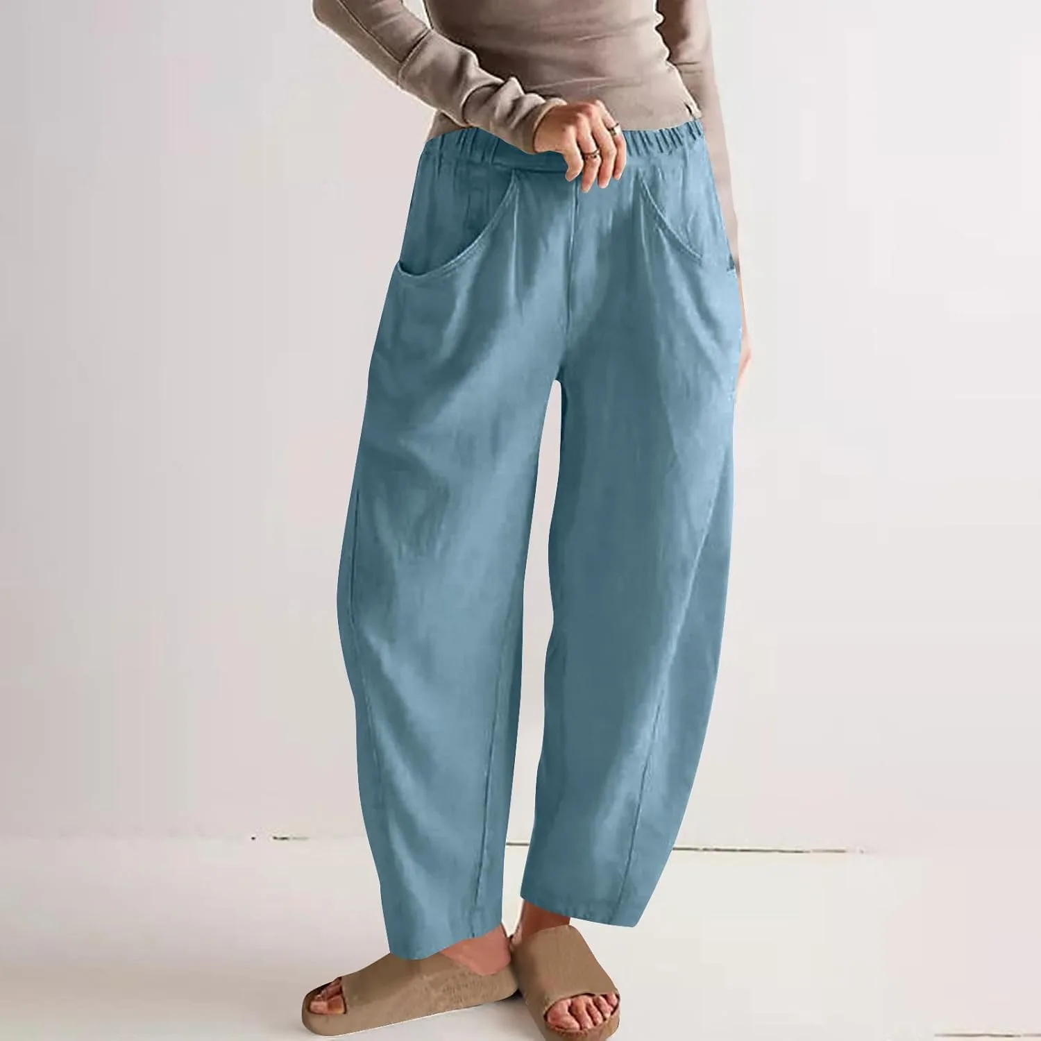 Женские брюки прямого кроя Cotton Linen Casual с эластичным поясом и карманами — фото 2