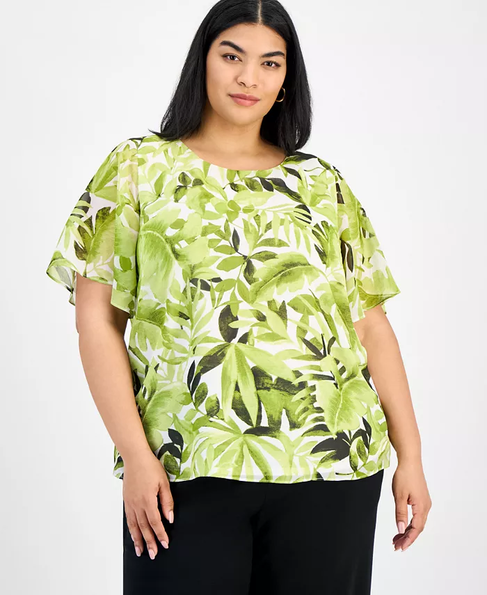 

Блузка с принтом и расклешенными рукавами Plus Size Kasper, зеленый
