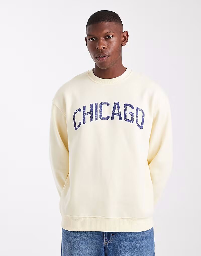 

Толстовка свободного кроя с вышитым текстом в стиле состаривания бледно-желтого цвета Asos Design