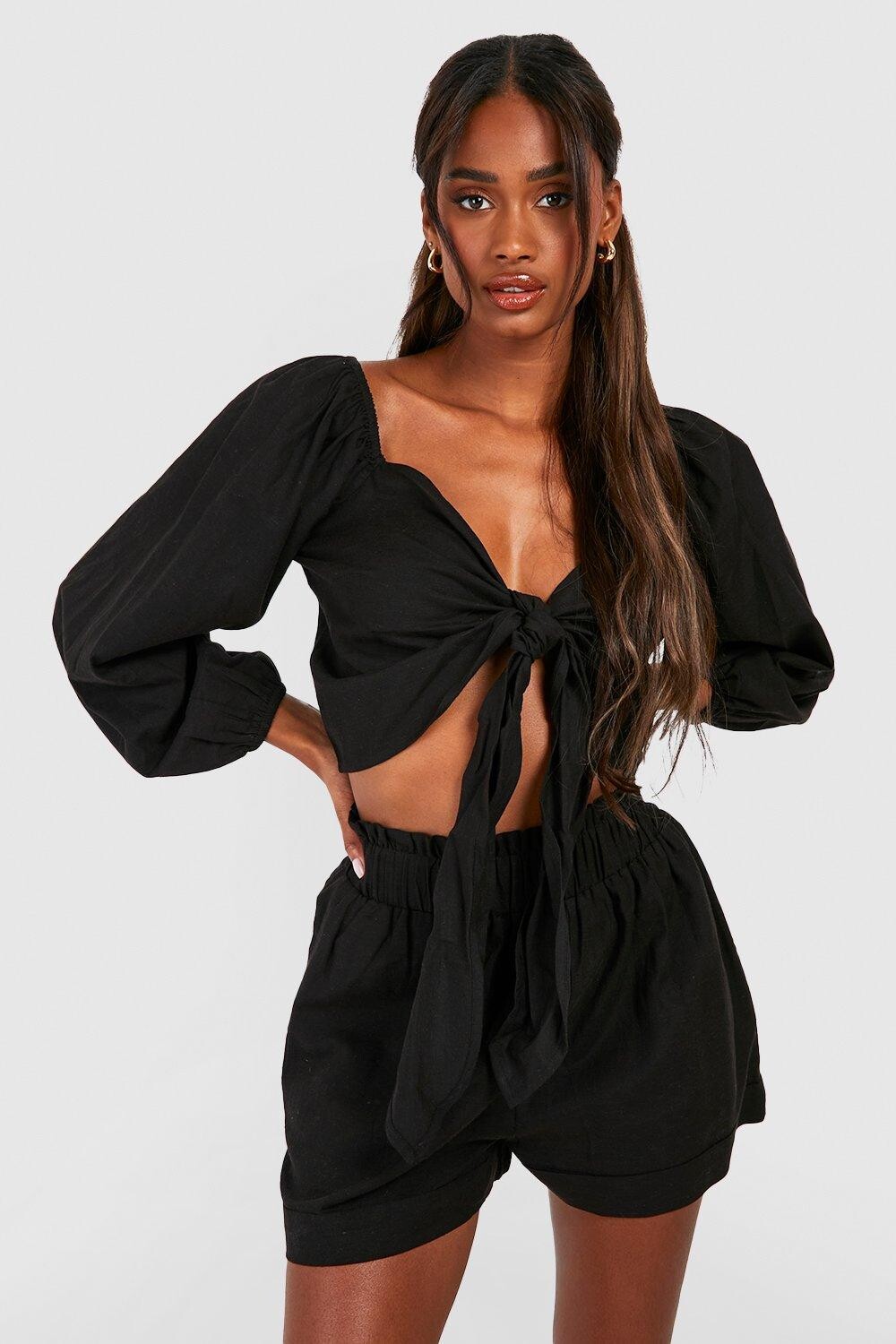 

Укороченные льняные шорты с узлом и талией в виде бумажного пакета boohoo, черный