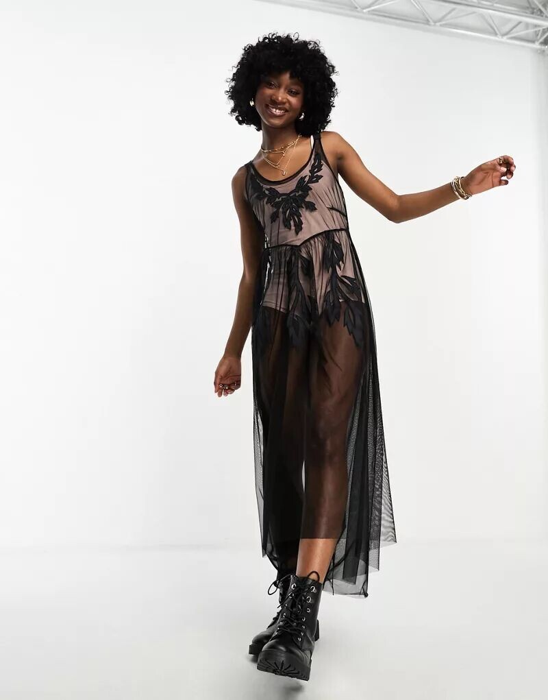 

Черное сетчатое платье миди с вышивкой Miss Selfridge Festival