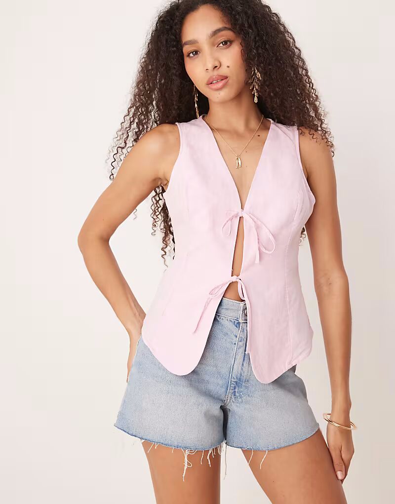 

Топ-топ из льна Gina Tricot с завязками спереди розового цвета