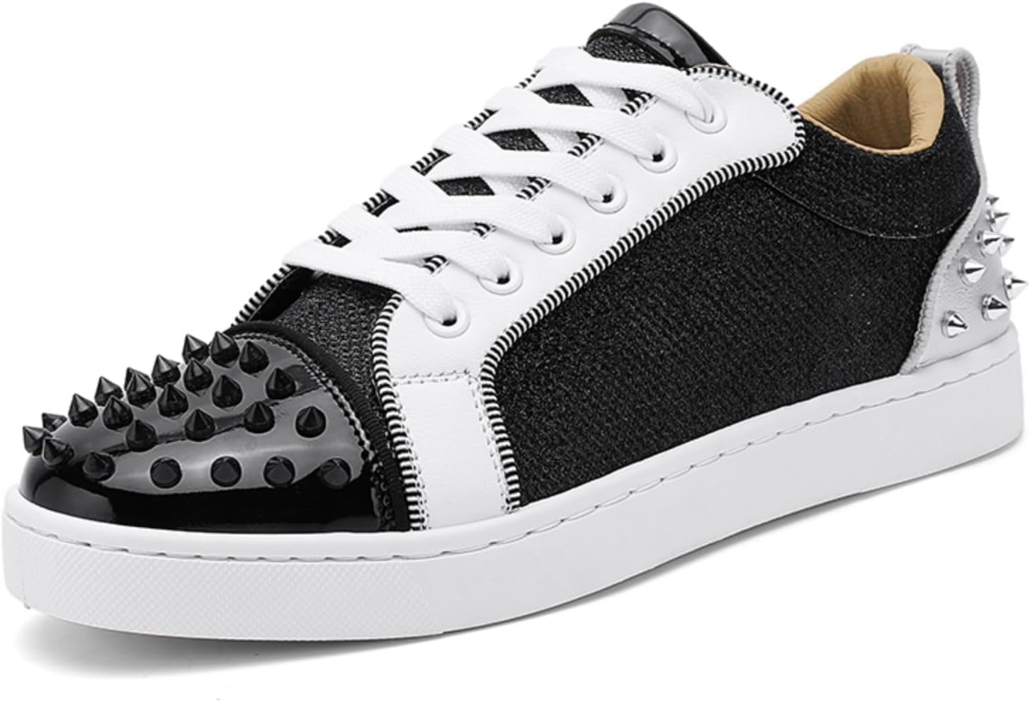 

Мужские панк-кеды с шнуровкой, заклепками и текстильным верхом - дышащие низкие повседневные обувь для уличного стиля, ночной жизни и повседневной носки Lshwcift, белый/черный