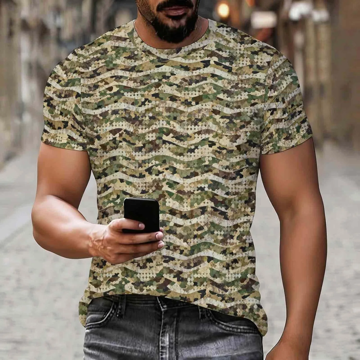 Футболка Camouflage для мужчин и женщин, Casual, Unisex, с коротким рукавом и круглым вырезом, легкая, в военном стиле — фото 2