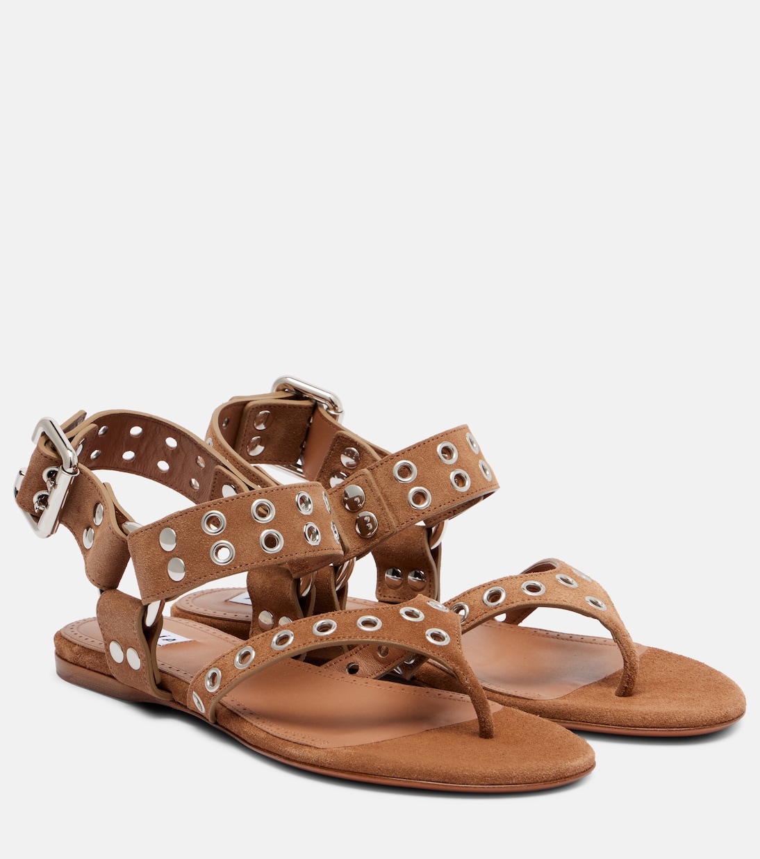 Байкерские сандалии-шлепанцы из замши с шипами Alaïa, Terre D'Ombre