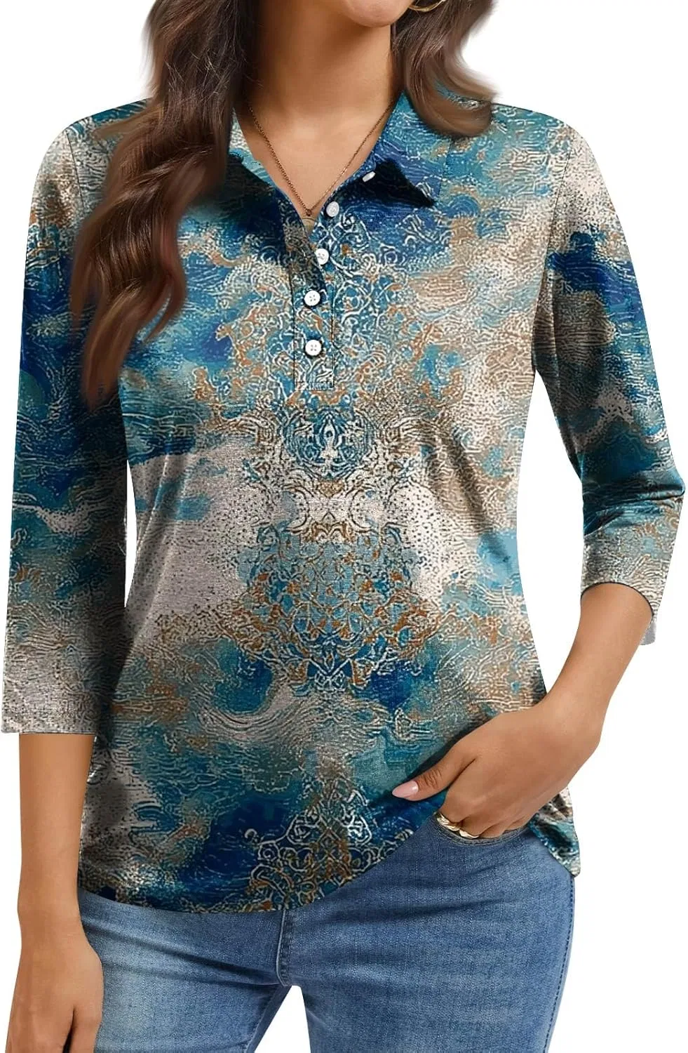 Блуза женская с принтом, 3/4 рукав, Generic, 2-light Blue