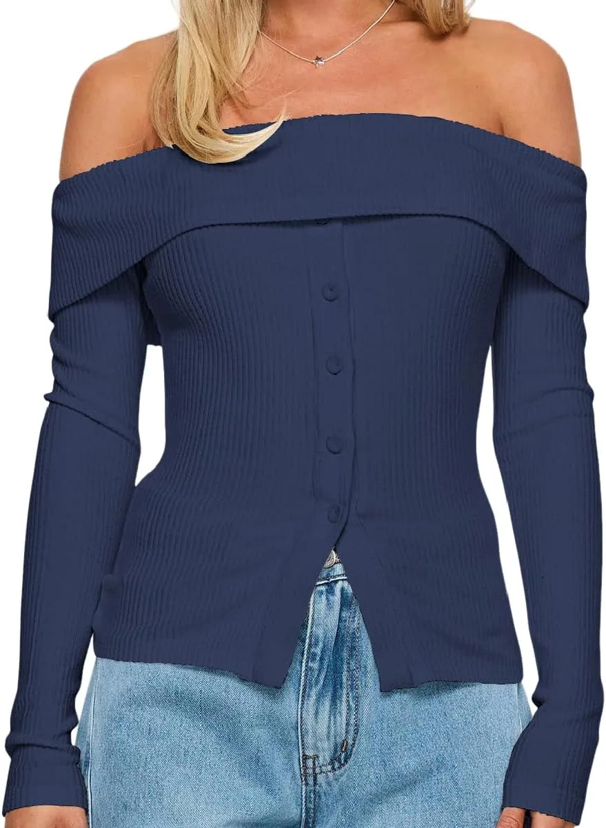 

Модная водолазка с длинным рукавом для женщин Off Shoulder Ribbed Knit Slim Fit Lexamen