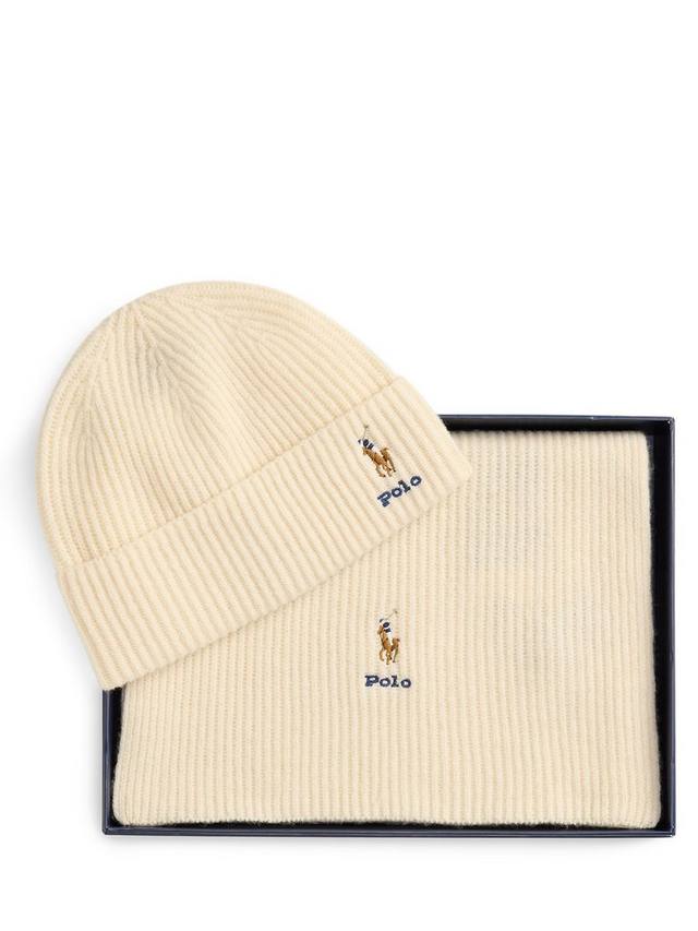 

Подарочный набор из поло риб и чистой шерсти: шапка и шарф Ralph Lauren, Cream