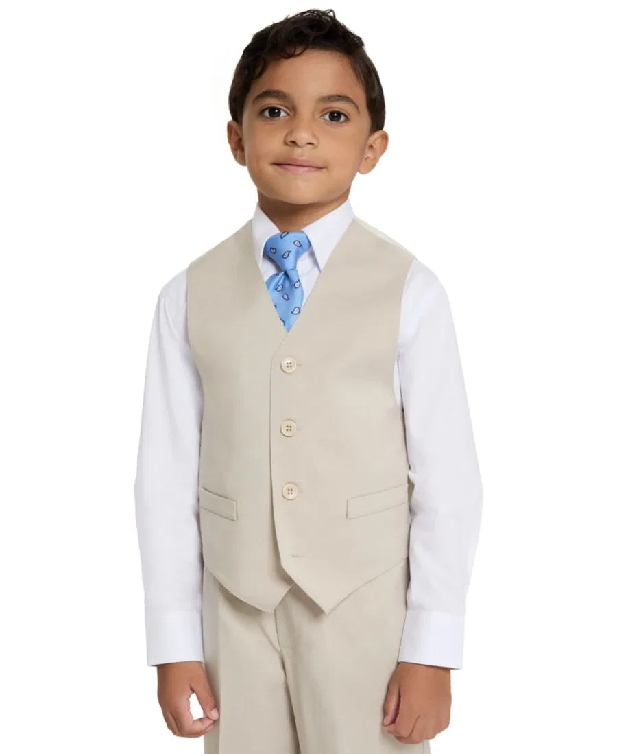 Детский комплект из 4 предметов: жилет с V-образным вырезом, брюки, рубашка и галстук (размер 4T-8) Haggar, бежевый/белый — фото 3