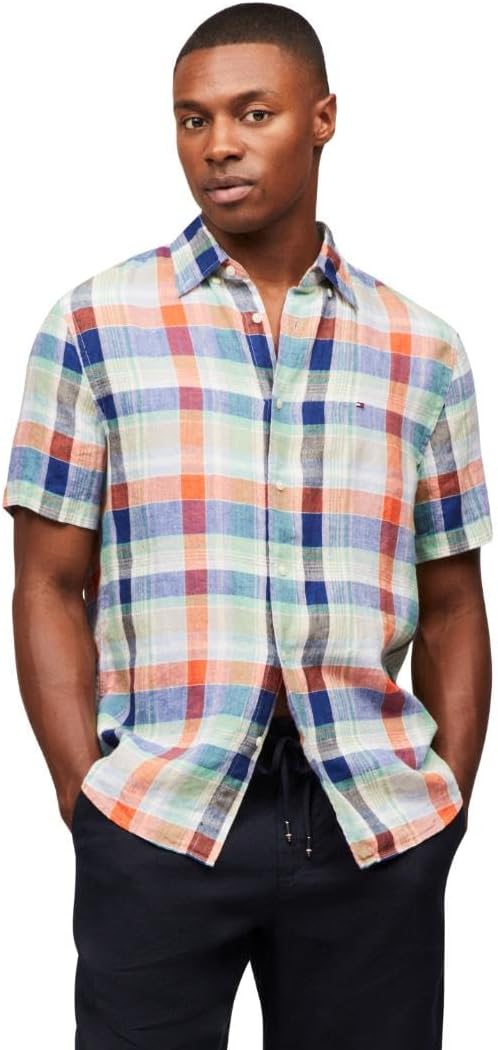 

Мужские повседневные льняные рубашки Tommy Hilfiger с коротким рукавом и застежкой на пуговицы, классический крой, Brilliant Orange / Check